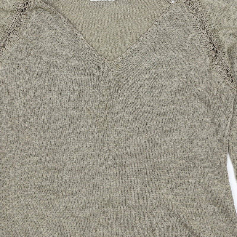 Planet Women Grey L V-Neck Open Knit 3/4 Sleeve Pullover Jumper