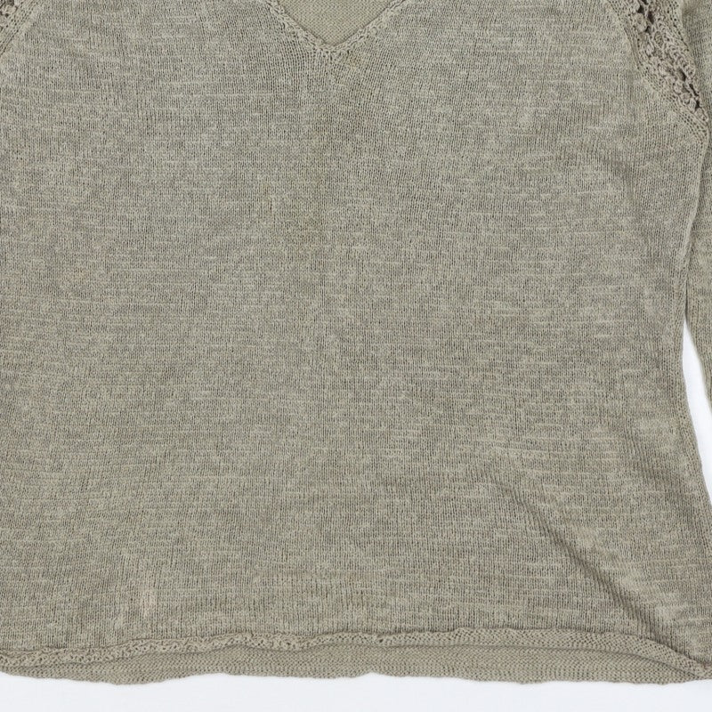 Planet Women Grey L V-Neck Open Knit 3/4 Sleeve Pullover Jumper