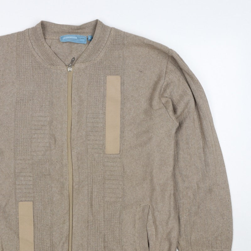 Green Woods Escape Men Beige M Full Zip Cotton Acrylic Knit Jumper