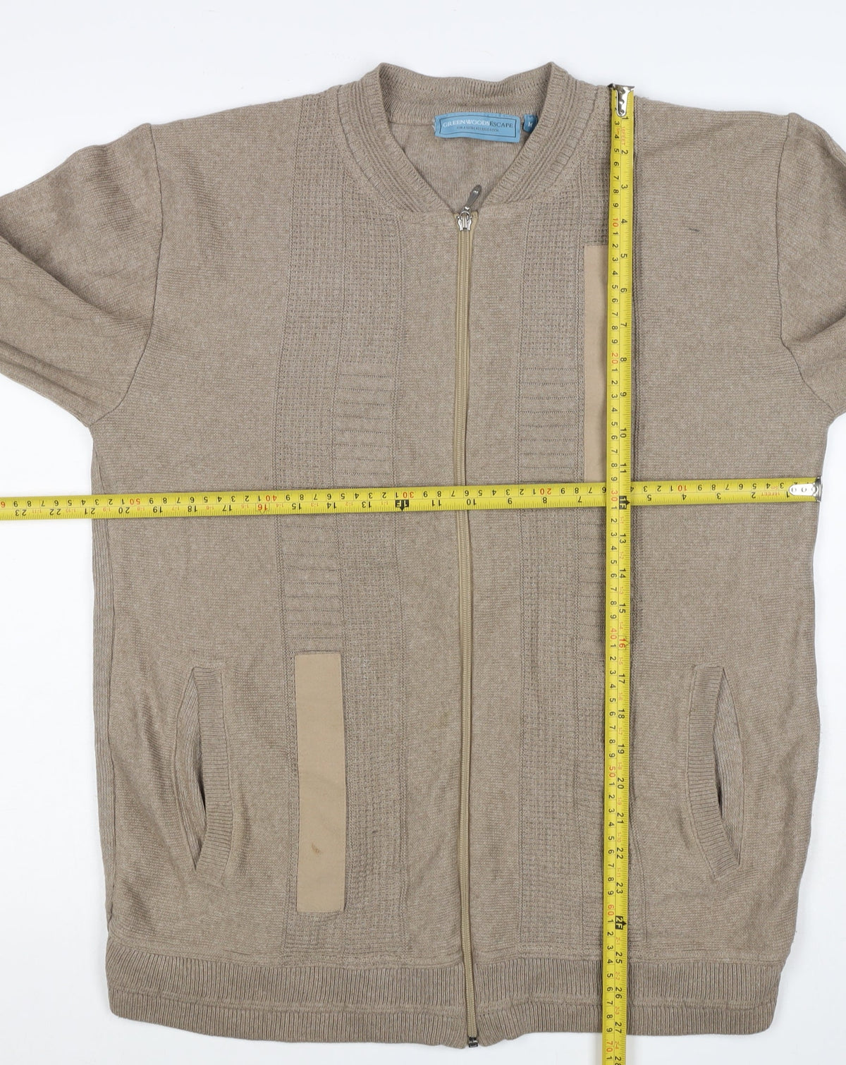 Green Woods Escape Men Beige M Full Zip Cotton Acrylic Knit Jumper