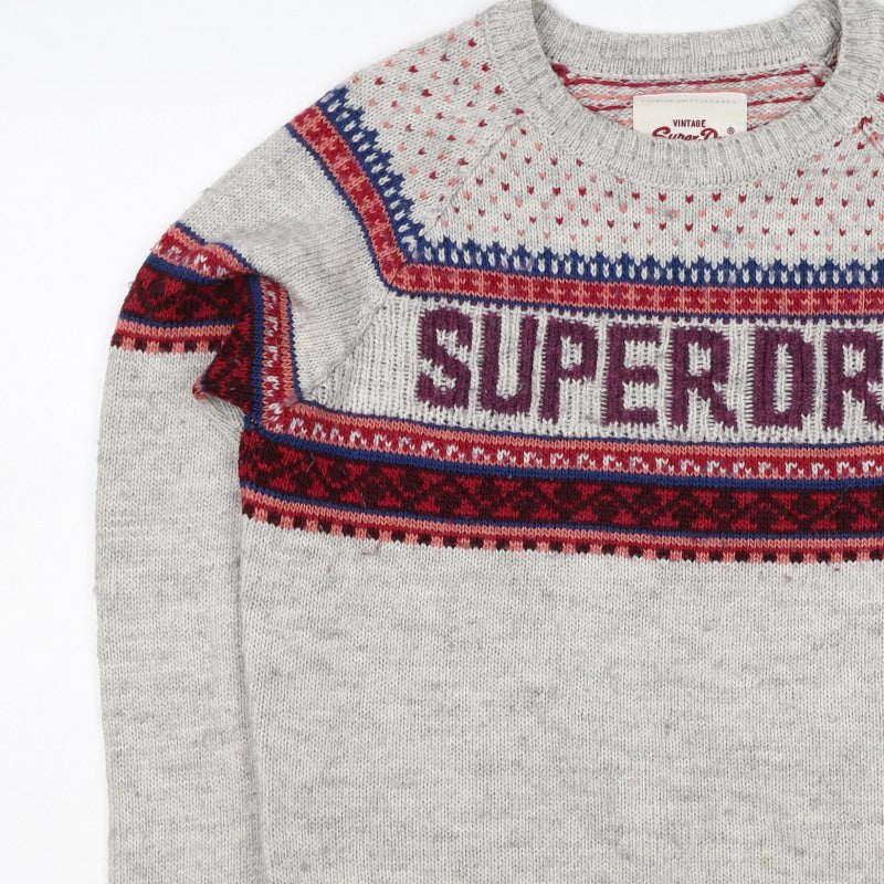 Superdry Men Grey L Nordic Fair Isle Logo Crew Neck Wool Blend Jumper