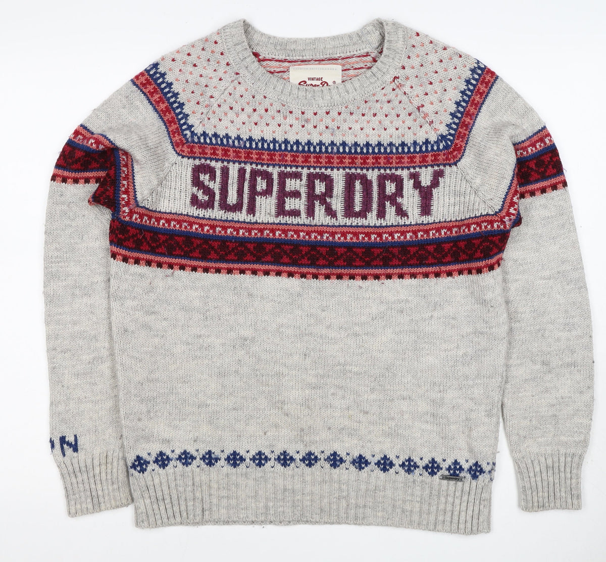 Superdry Men Grey L Nordic Fair Isle Logo Crew Neck Wool Blend Jumper