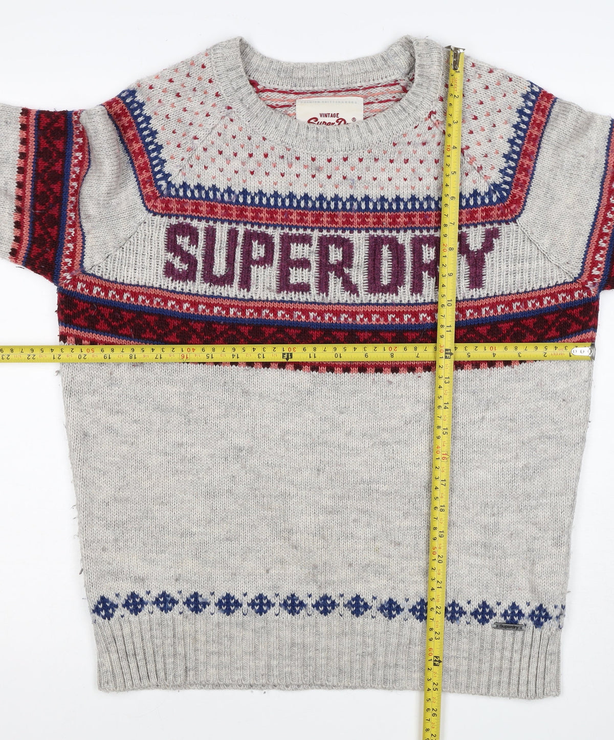 Superdry Men Grey L Nordic Fair Isle Logo Crew Neck Wool Blend Jumper