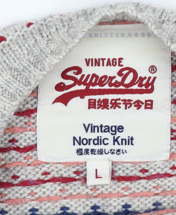 Superdry Men Grey L Nordic Fair Isle Logo Crew Neck Wool Blend Jumper