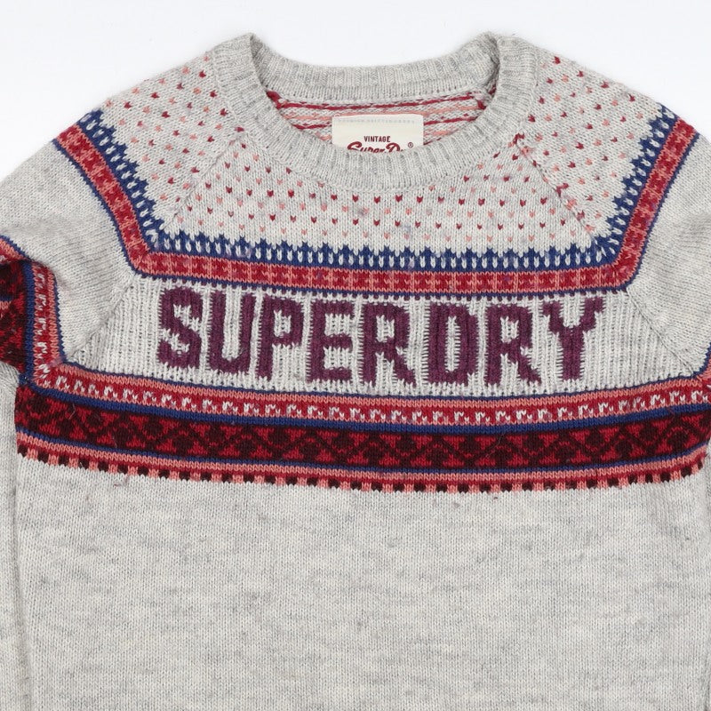 Superdry Men Grey L Nordic Fair Isle Logo Crew Neck Wool Blend Jumper