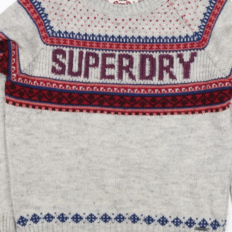 Superdry Men Grey L Nordic Fair Isle Logo Crew Neck Wool Blend Jumper
