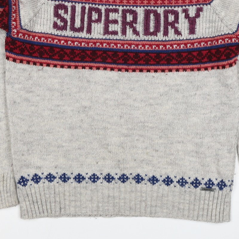 Superdry Men Grey L Nordic Fair Isle Logo Crew Neck Wool Blend Jumper