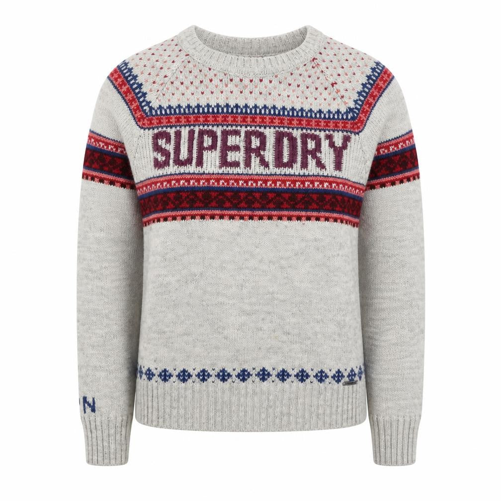 Superdry Men Grey L Nordic Fair Isle Logo Crew Neck Wool Blend Jumper