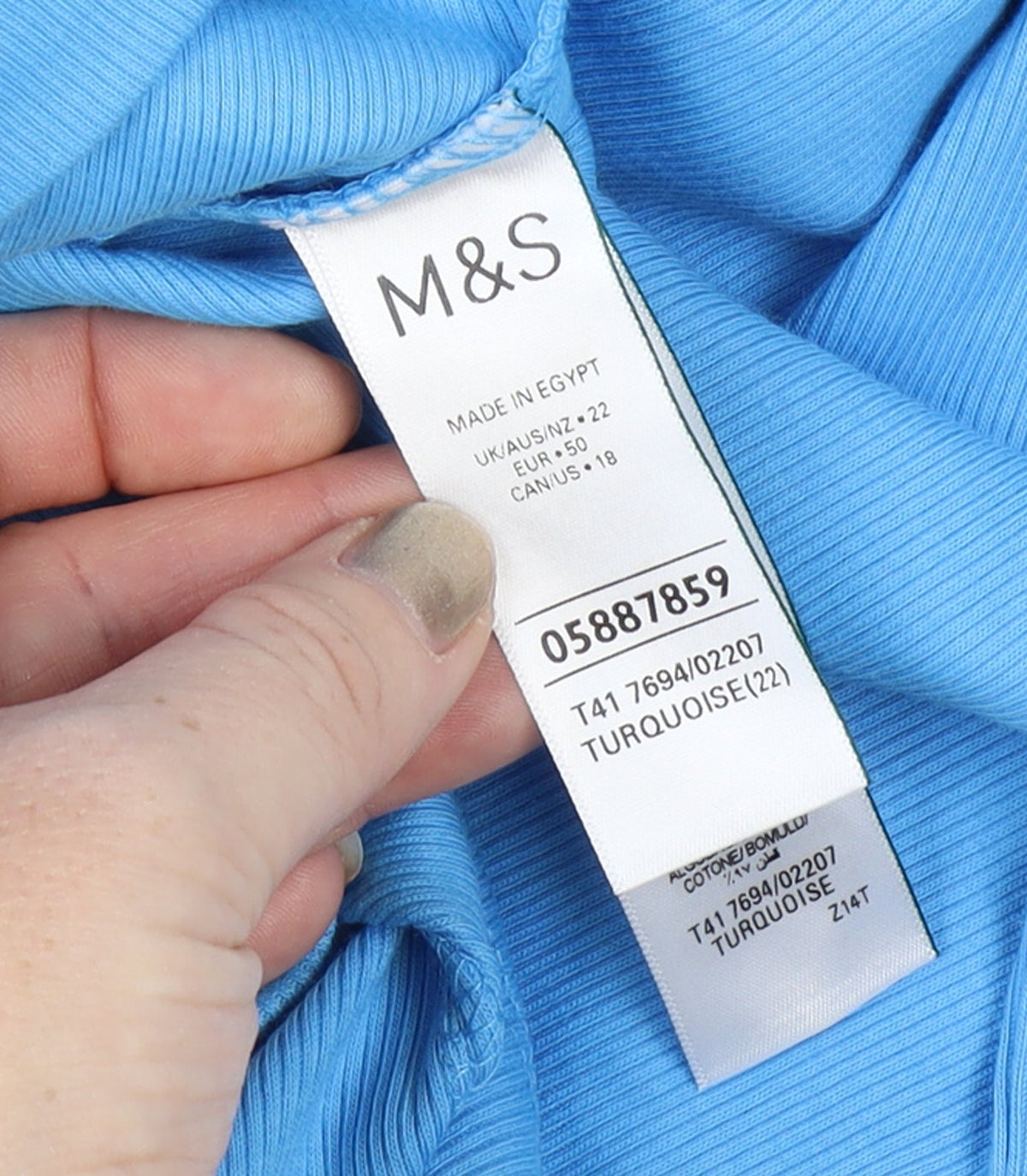 Marks and Spencer Women’s Blue UK 22 Ribbed Jersey Long Sleeve T-Shirt