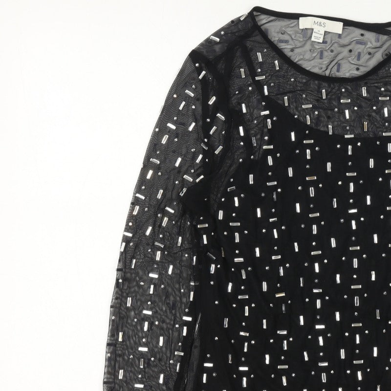 Marks and Spencer Women Black UK 12 Sheer Beaded Mesh Party Blouse