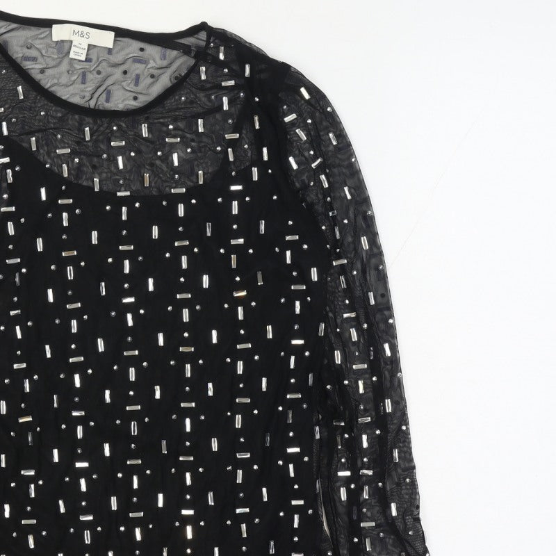 Marks and Spencer Women Black UK 12 Sheer Beaded Mesh Party Blouse