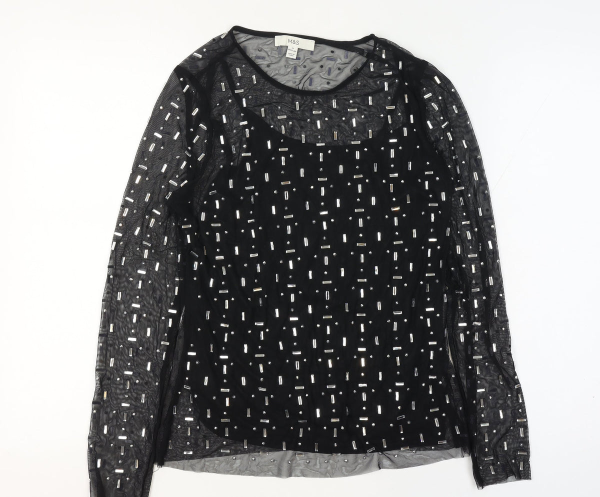 Marks and Spencer Women Black UK 12 Sheer Beaded Mesh Party Blouse