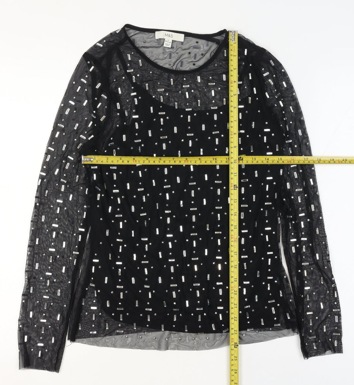 Marks and Spencer Women Black UK 12 Sheer Beaded Mesh Party Blouse