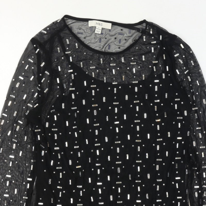 Marks and Spencer Women Black UK 12 Sheer Beaded Mesh Party Blouse