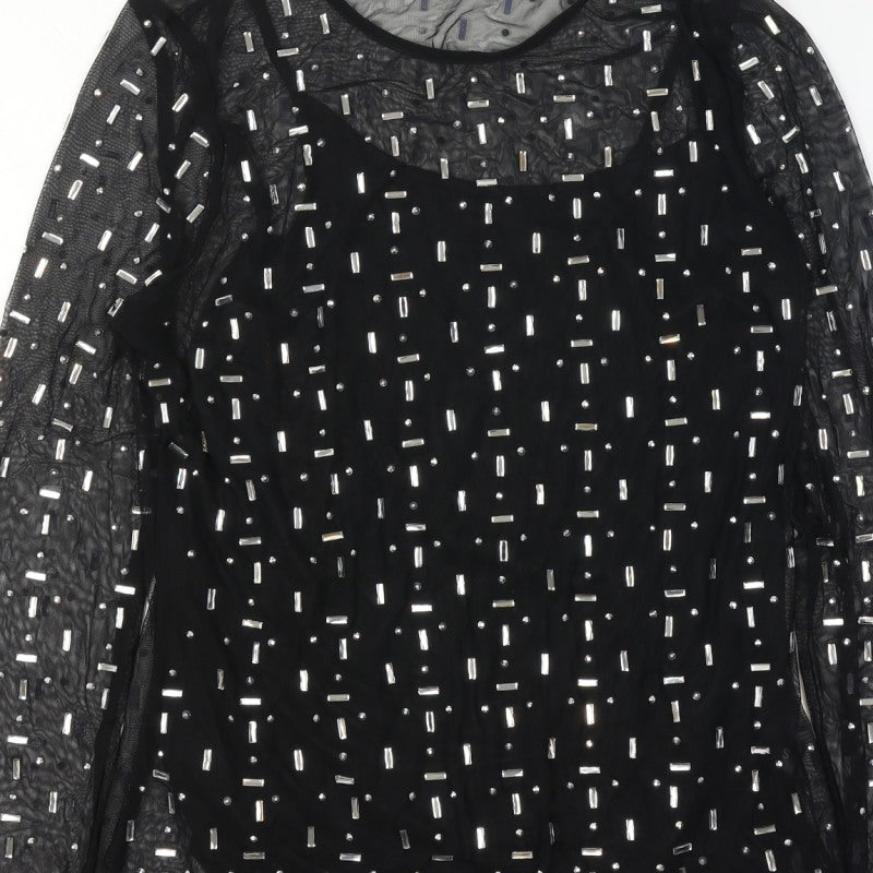 Marks and Spencer Women Black UK 12 Sheer Beaded Mesh Party Blouse