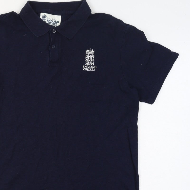 England Cricket Men’s Blue L Cotton Embroidered Logo Short Sleeve Polo