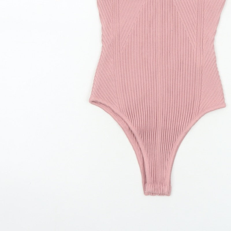 Zara Women Pink S Ribbed Knit Sleeveless Square Neck Bodysuit