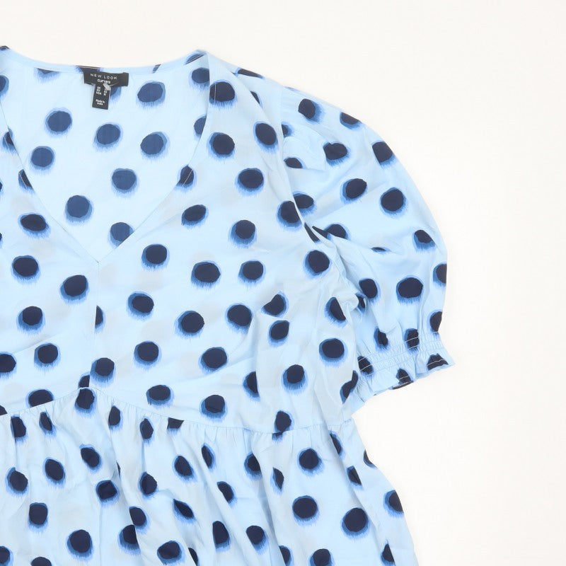 New Look Curves Women Blue Polka Dot Wrap Ruffle Blouse UK 20 Plus