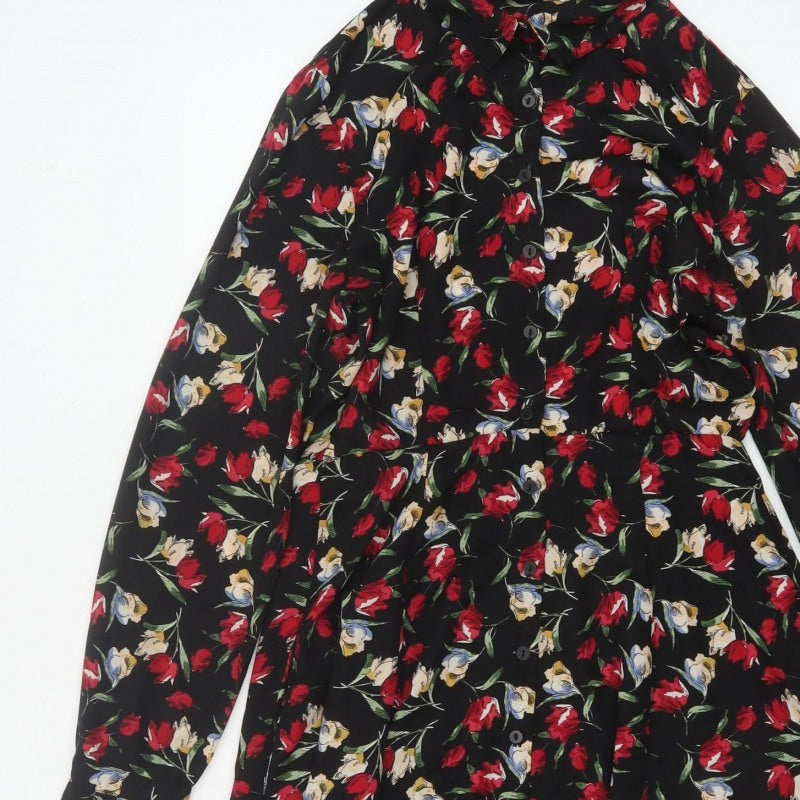Zara Basic Women Black Floral Shirt Dress Size S Fit & Flare
