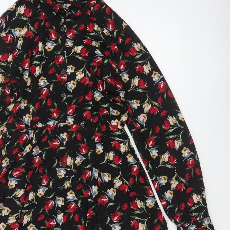 Zara Basic Women Black Floral Shirt Dress Size S Fit & Flare
