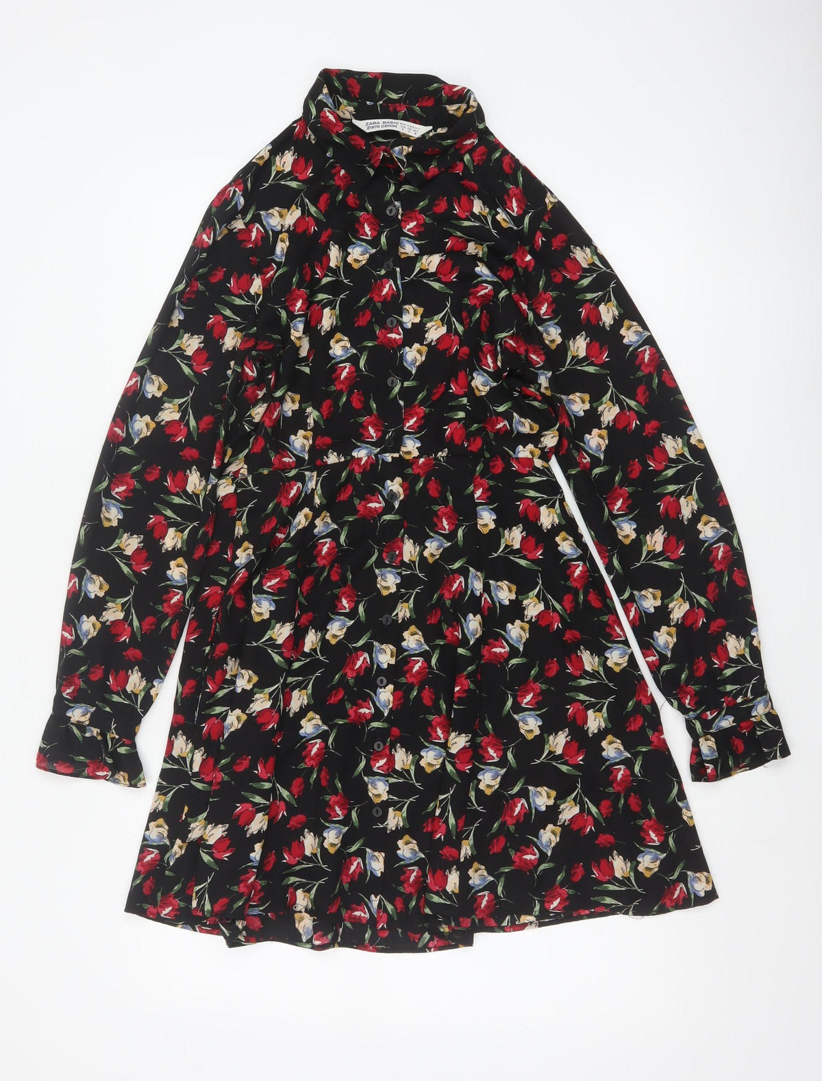 Zara Basic Women Black Floral Shirt Dress Size S Fit & Flare