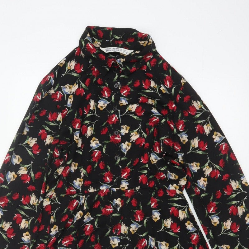 Zara Basic Women Black Floral Shirt Dress Size S Fit & Flare