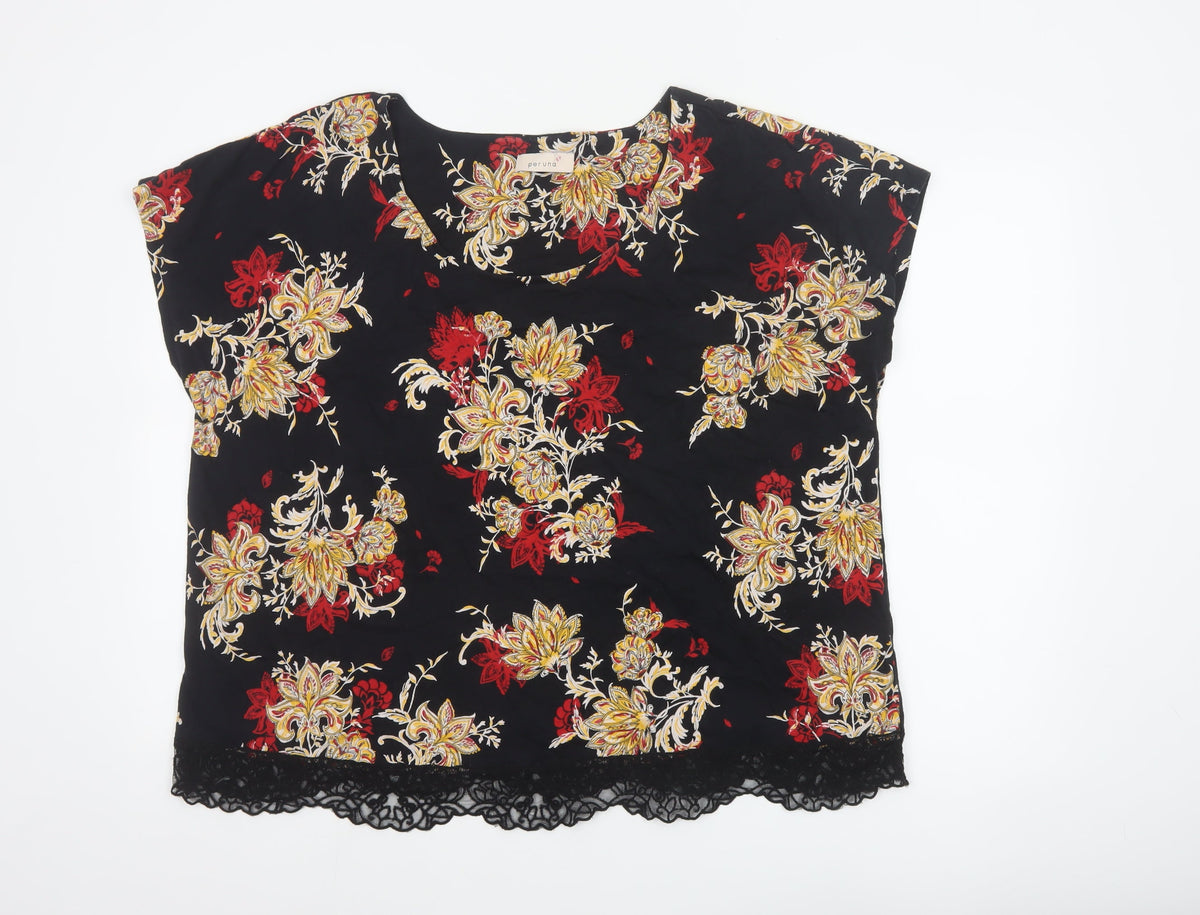M&S Per Una Women Black Floral Lace Hem Jersey Blouse UK 22