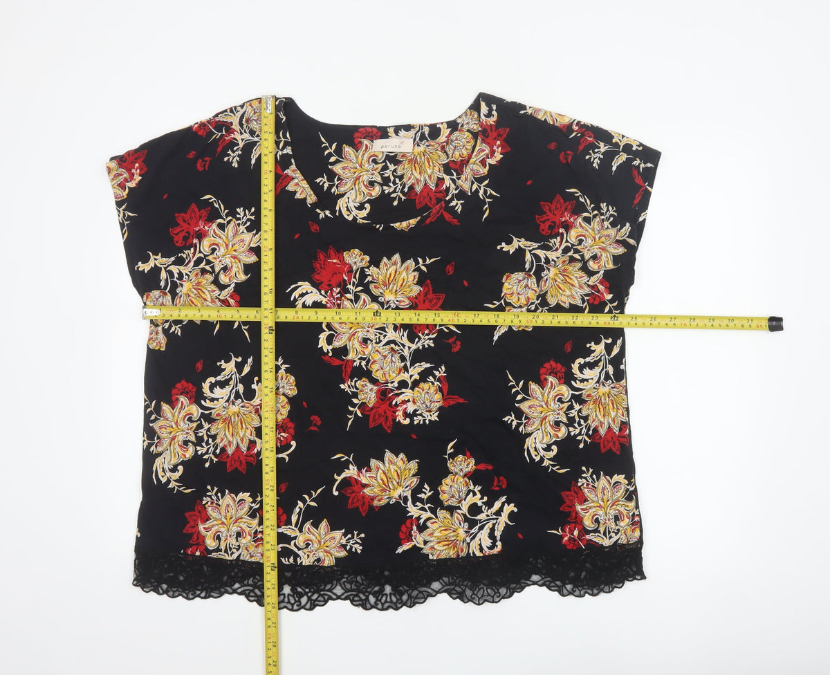 M&S Per Una Women Black Floral Lace Hem Jersey Blouse UK 22