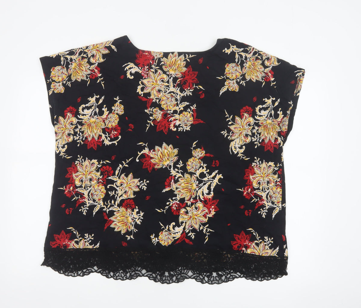 M&S Per Una Women Black Floral Lace Hem Jersey Blouse UK 22