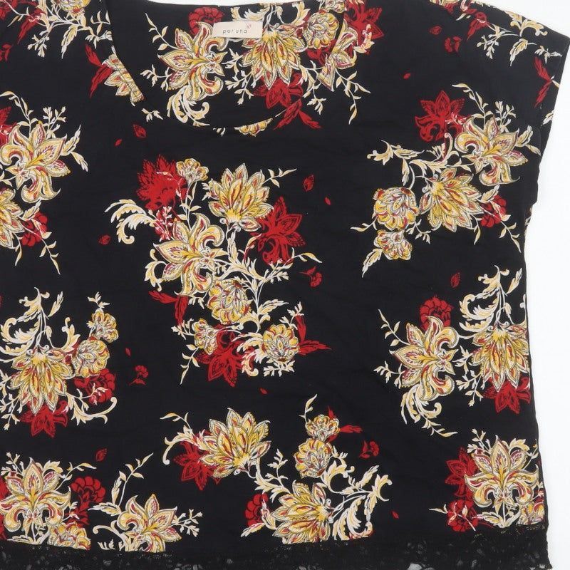 M&S Per Una Women Black Floral Lace Hem Jersey Blouse UK 22