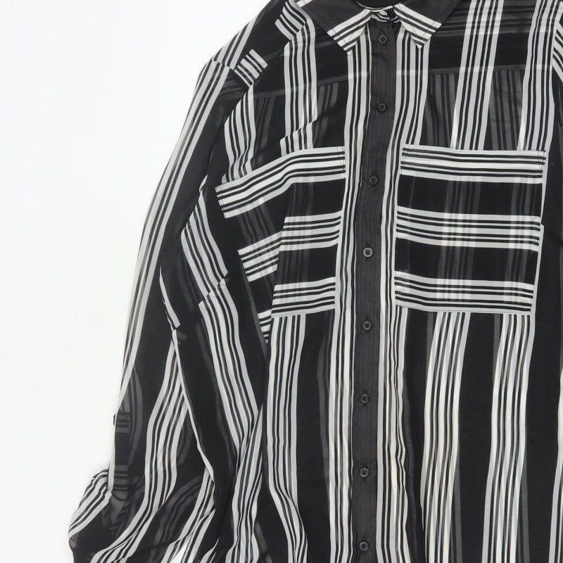 M&S Women Black Ivory Striped Sheer Tunic Button-Up Shirt UK 14