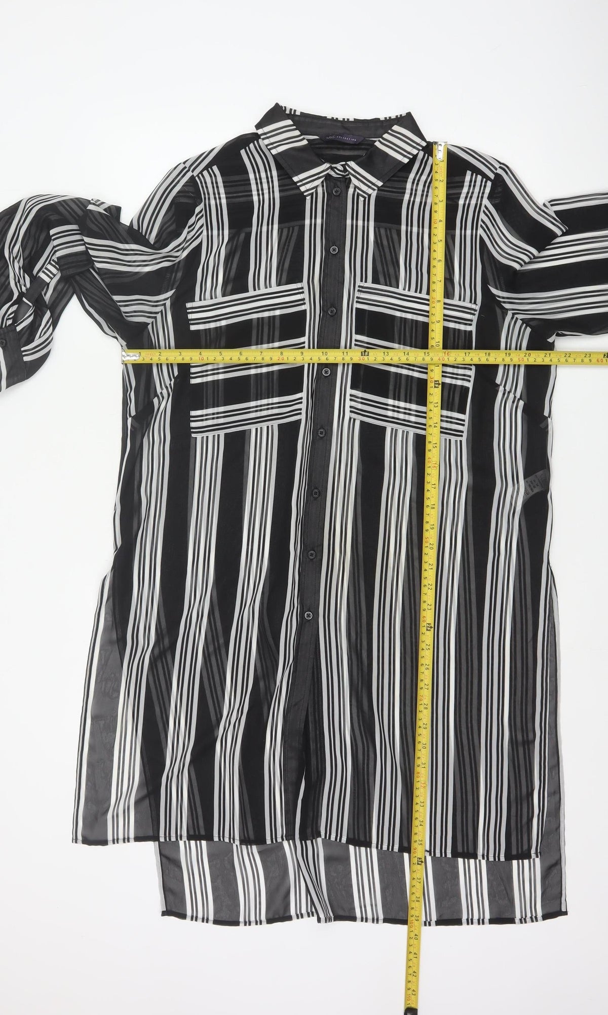 M&S Women Black Ivory Striped Sheer Tunic Button-Up Shirt UK 14
