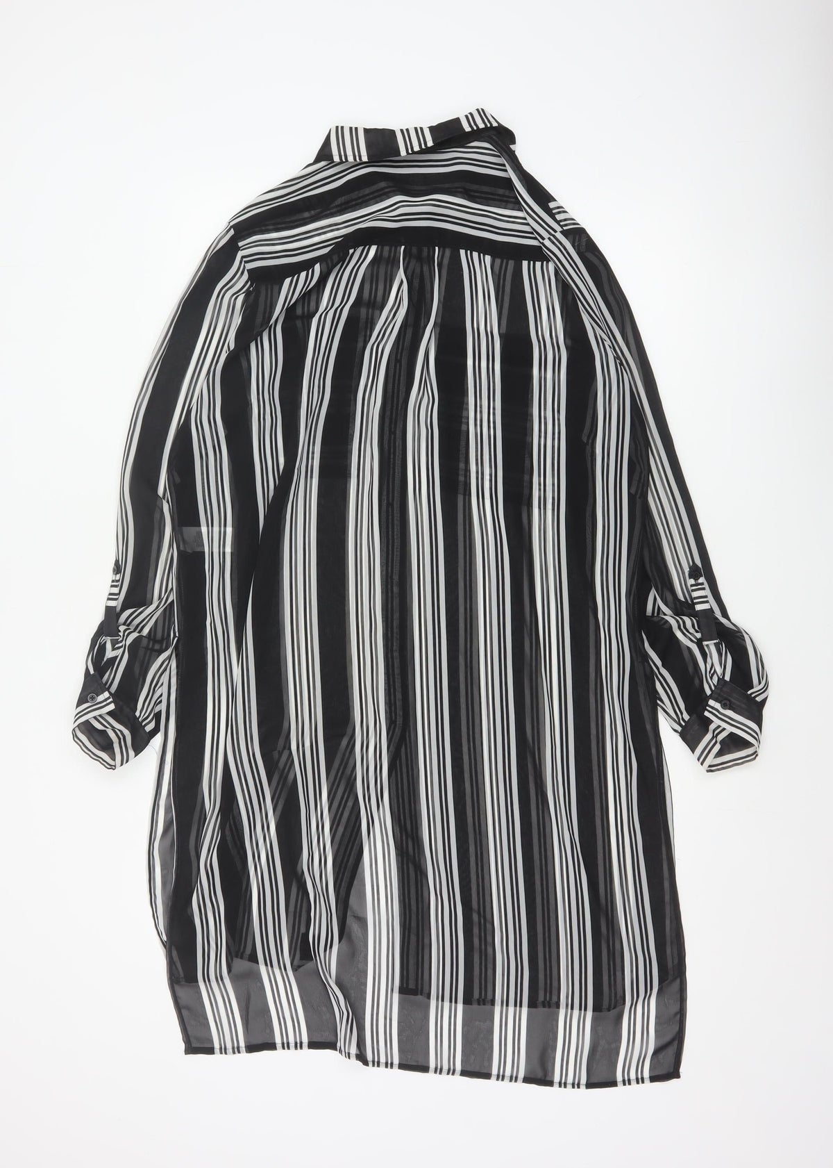 M&S Women Black Ivory Striped Sheer Tunic Button-Up Shirt UK 14