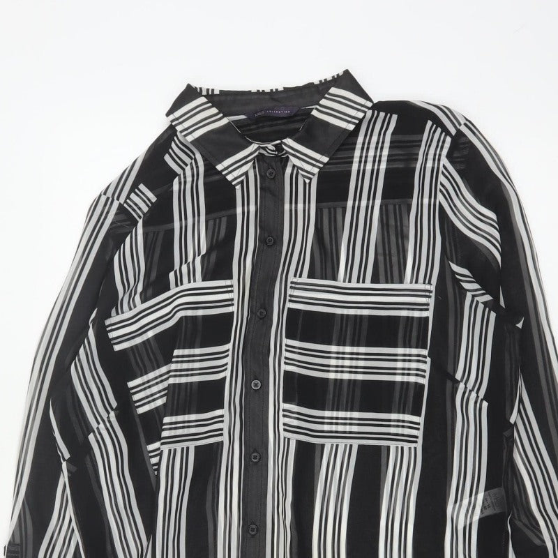 M&S Women Black Ivory Striped Sheer Tunic Button-Up Shirt UK 14