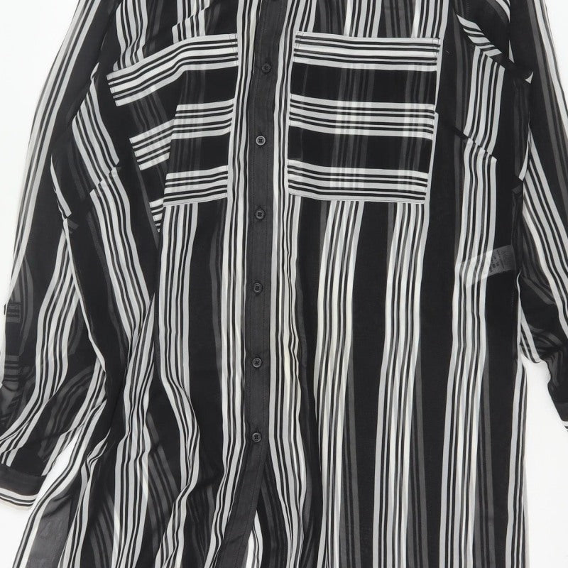 M&S Women Black Ivory Striped Sheer Tunic Button-Up Shirt UK 14