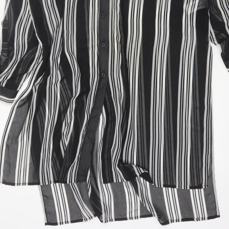 M&S Women Black Ivory Striped Sheer Tunic Button-Up Shirt UK 14