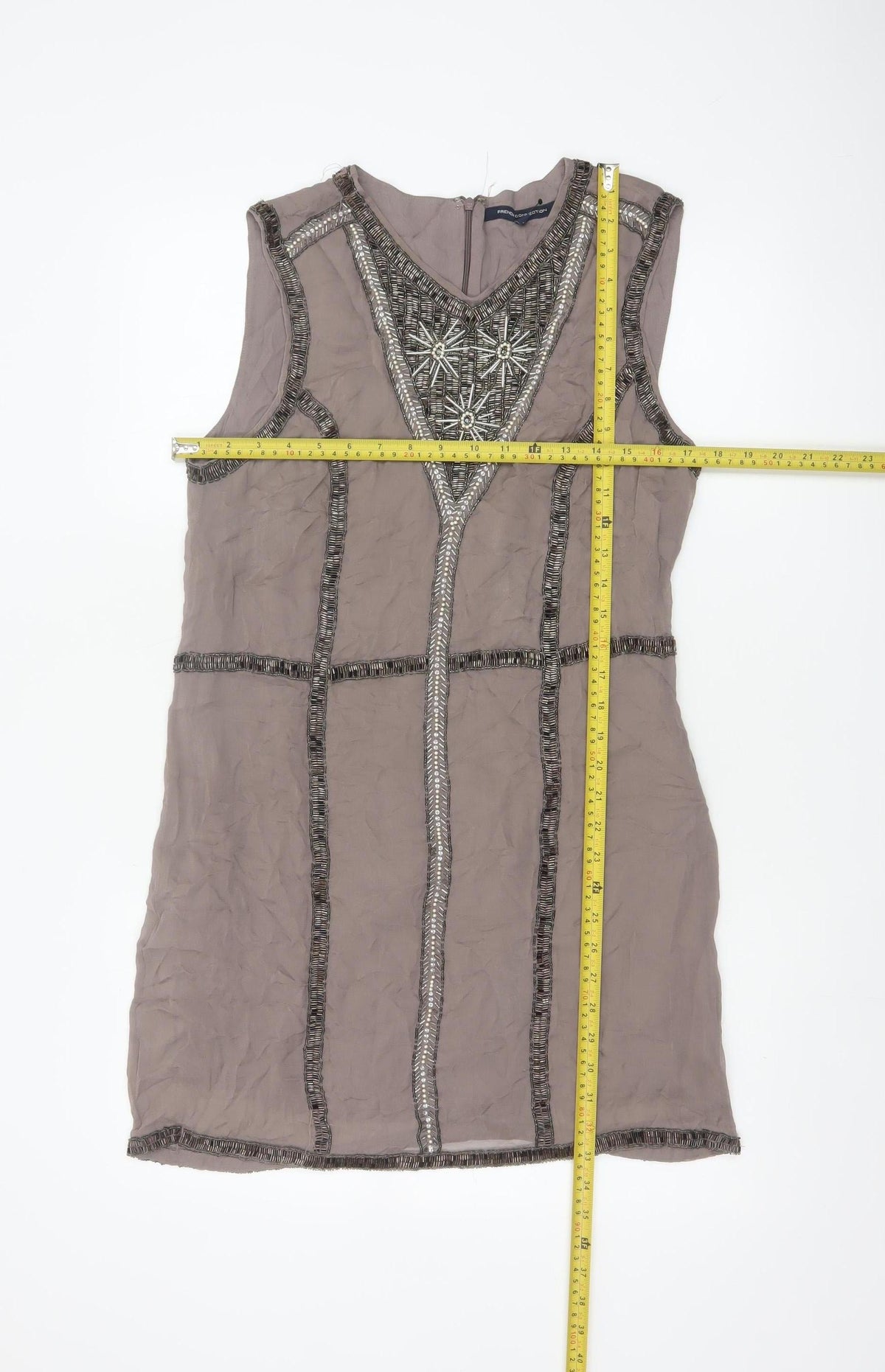 French Connection Women Grey UK 14 Beaded Silk Sheath Knee Dress