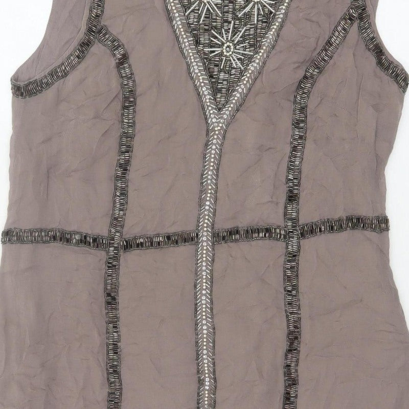 French Connection Women Grey UK 14 Beaded Silk Sheath Knee Dress