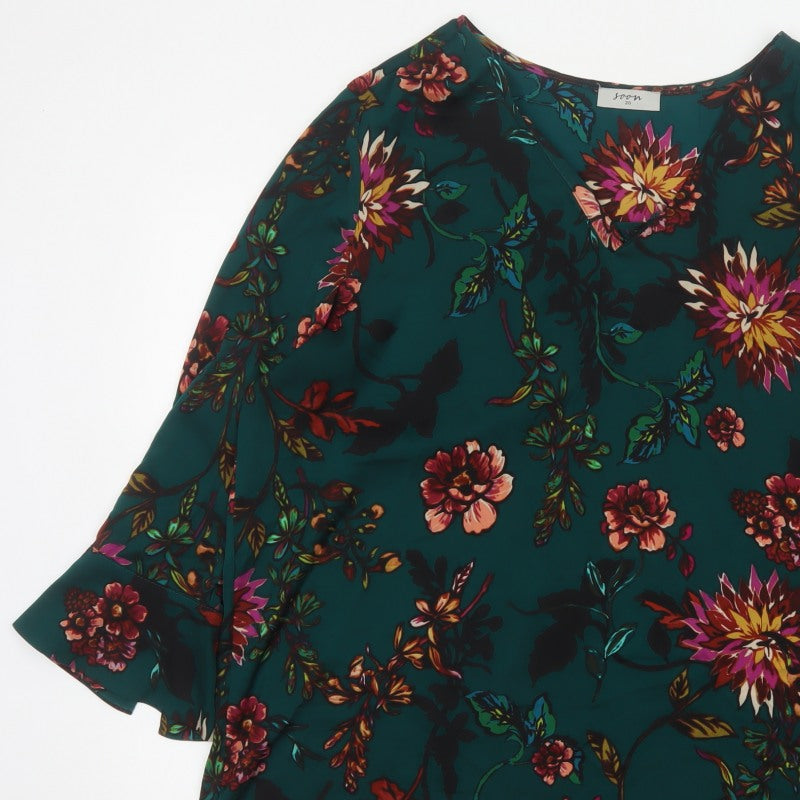 Soon Women Green Floral V-Neck Tunic Blouse Size 20 Flared Sleeve