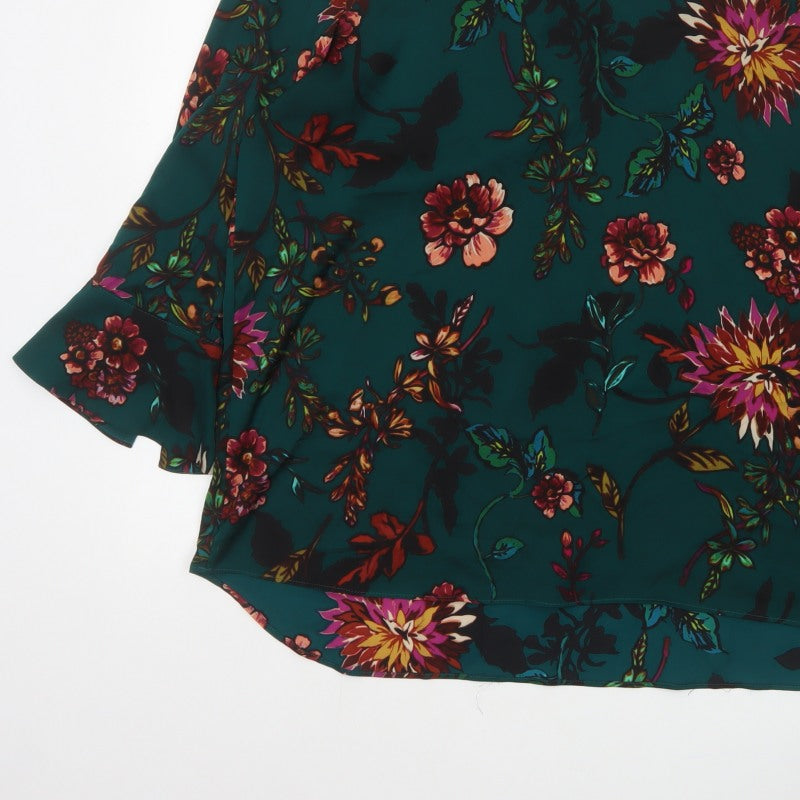 Soon Women Green Floral V-Neck Tunic Blouse Size 20 Flared Sleeve