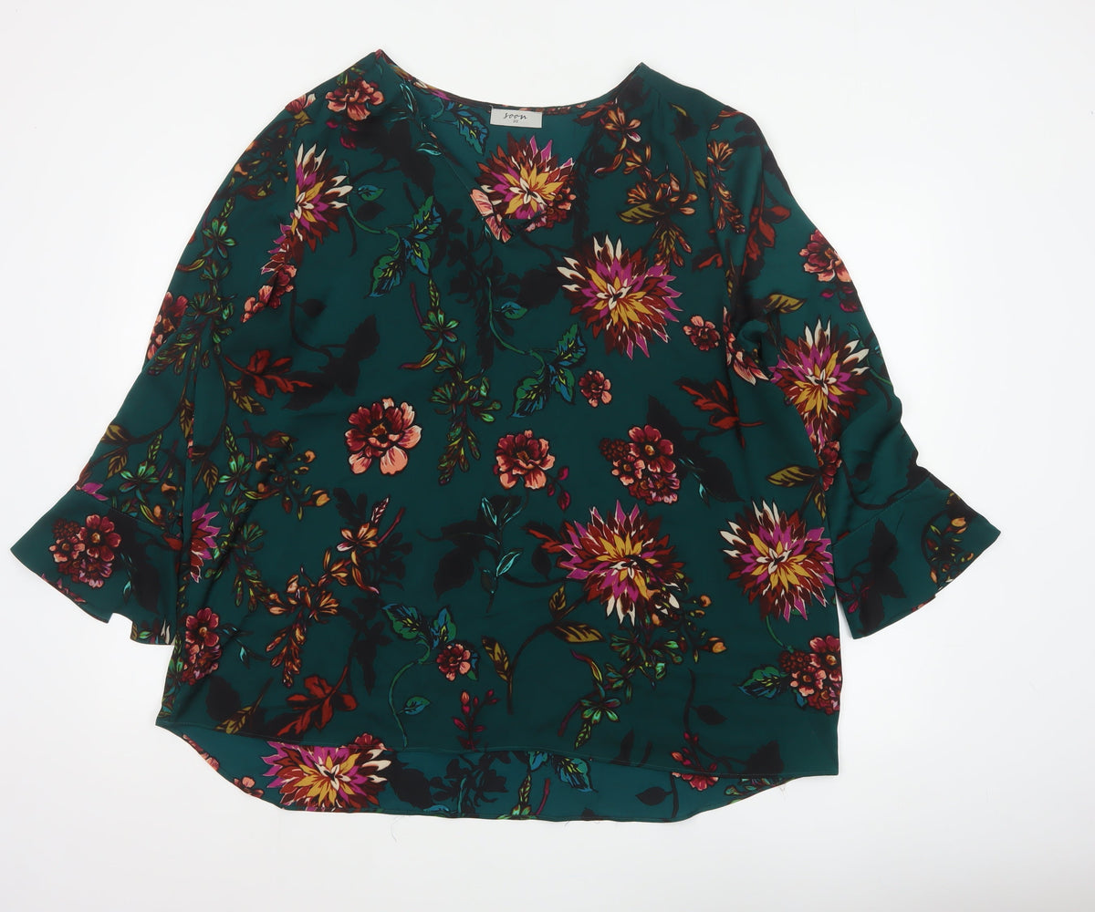 Soon Women Green Floral V-Neck Tunic Blouse Size 20 Flared Sleeve