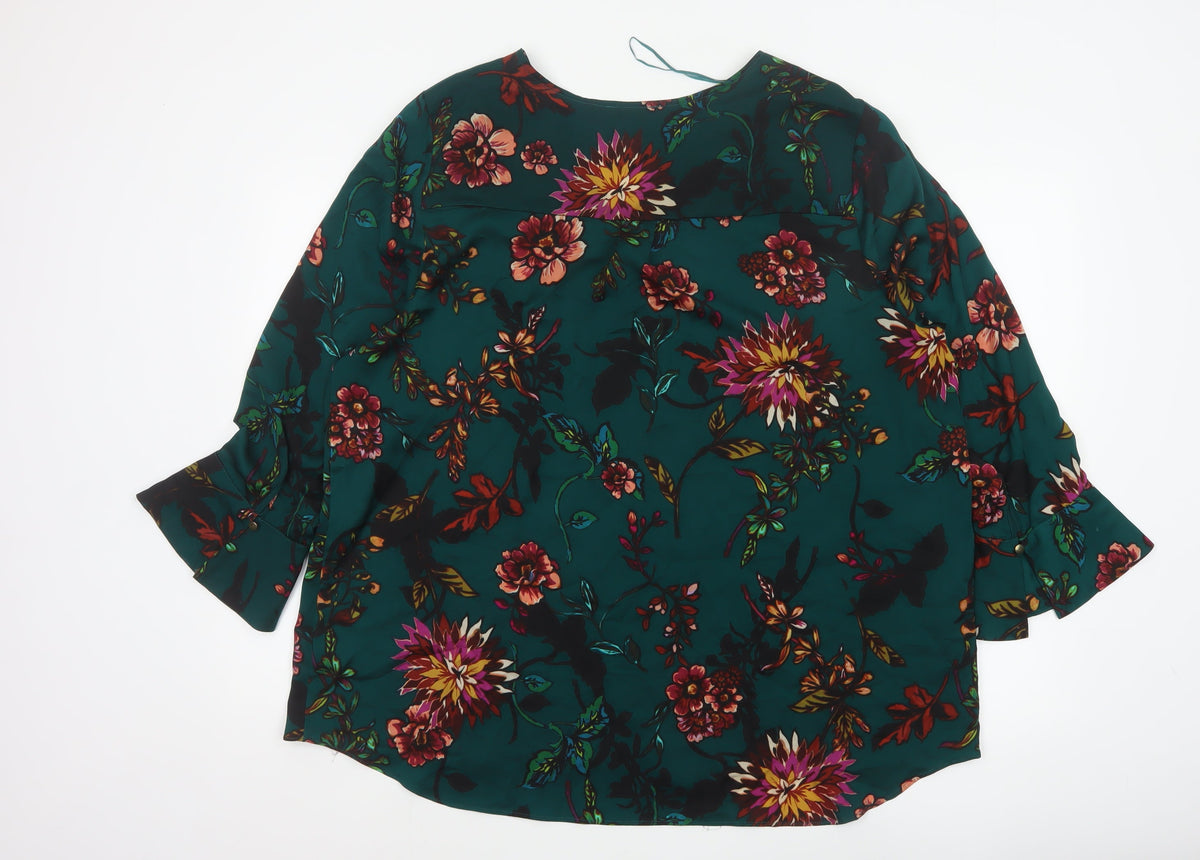 Soon Women Green Floral V-Neck Tunic Blouse Size 20 Flared Sleeve