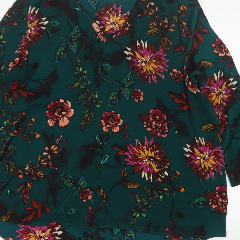 Soon Women Green Floral V-Neck Tunic Blouse Size 20 Flared Sleeve