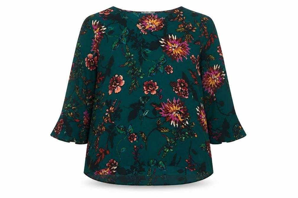 Soon Women Green Floral V-Neck Tunic Blouse Size 20 Flared Sleeve