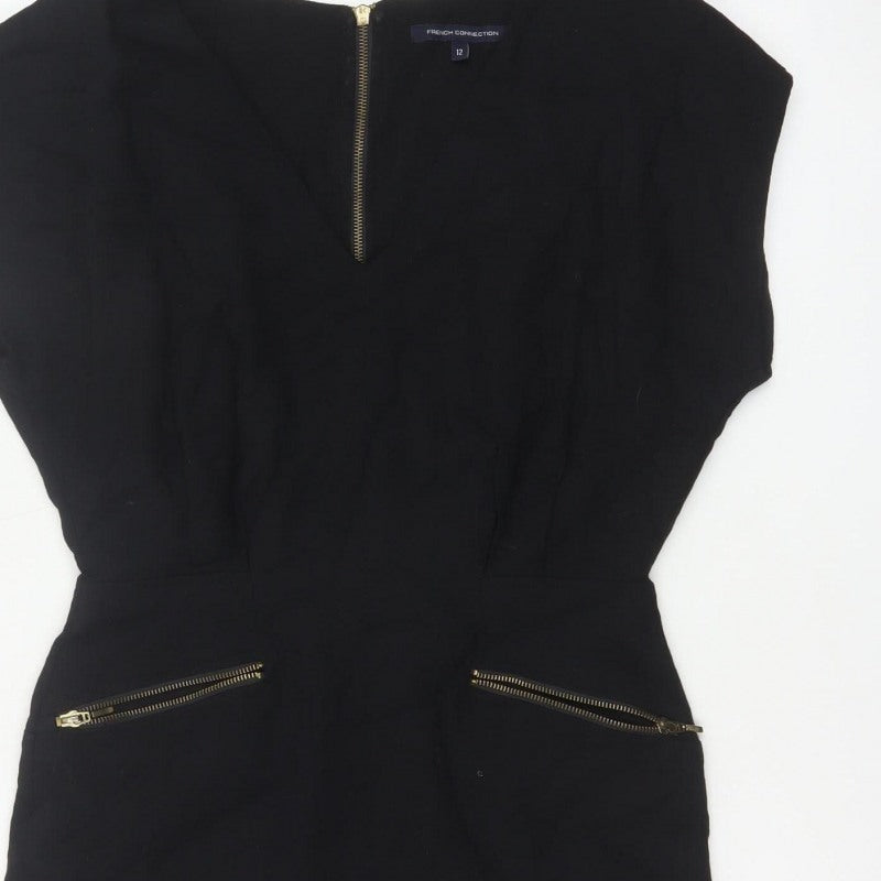 French Connection Women Black UK 12 Pencil Dress Gold Zip Pockets