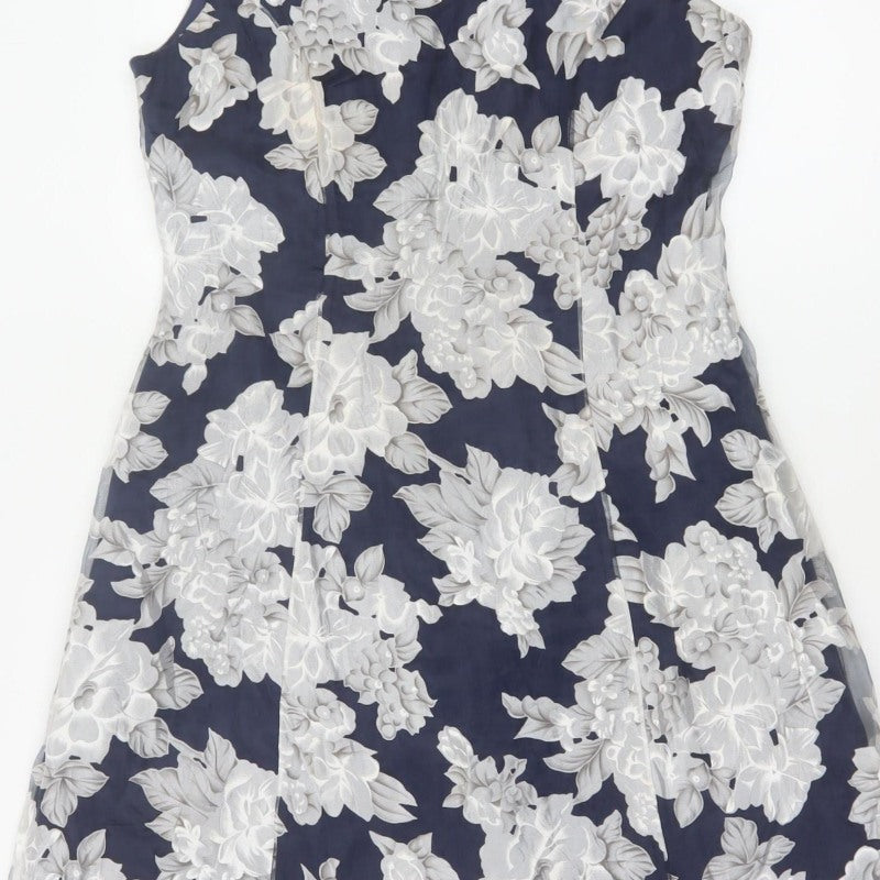 Phase Eight Women Blue Floral A-Line Sleeveless Dress UK 12