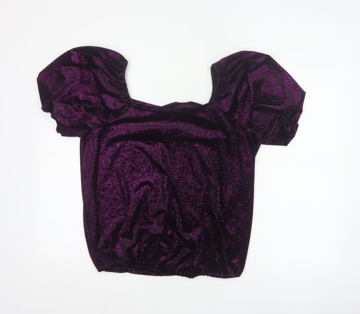 M&Co Women Black Purple Glitter Velvet Puff Sleeve Blouse UK 14