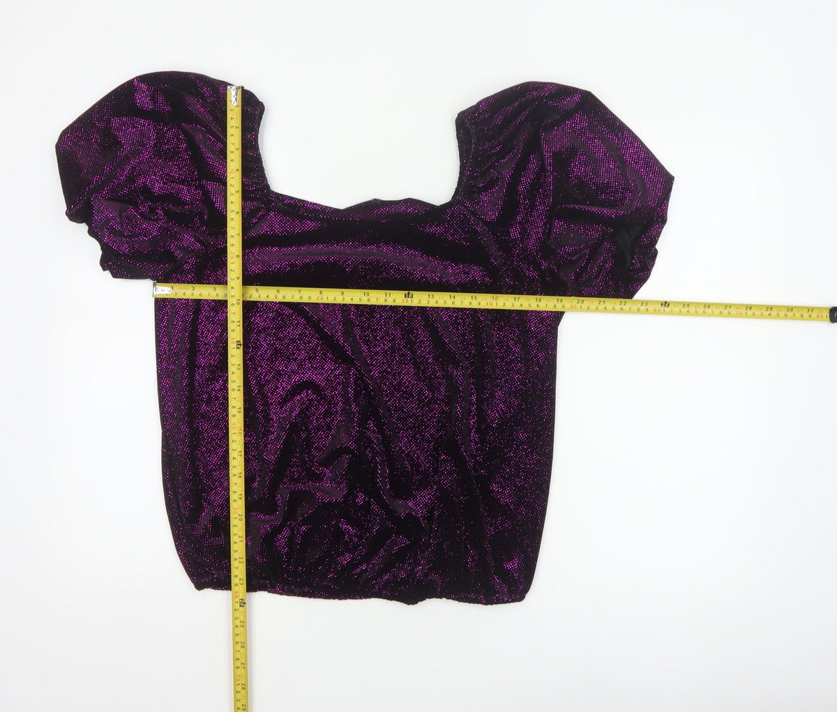 M&Co Women Black Purple Glitter Velvet Puff Sleeve Blouse UK 14
