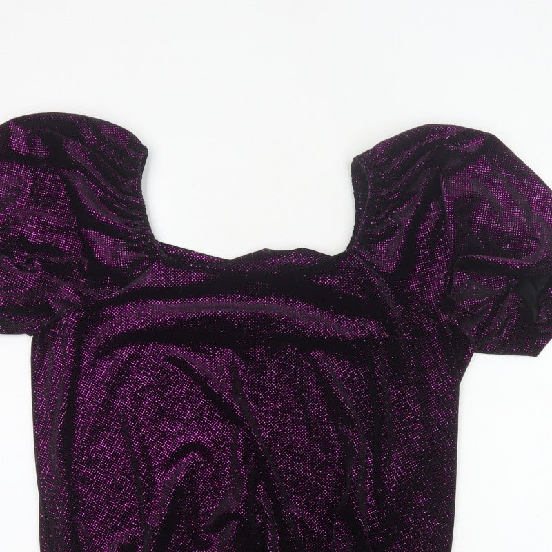 M&Co Women Black Purple Glitter Velvet Puff Sleeve Blouse UK 14