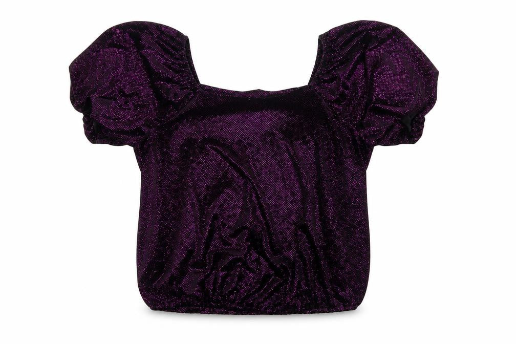 M&Co Women Black Purple Glitter Velvet Puff Sleeve Blouse UK 14